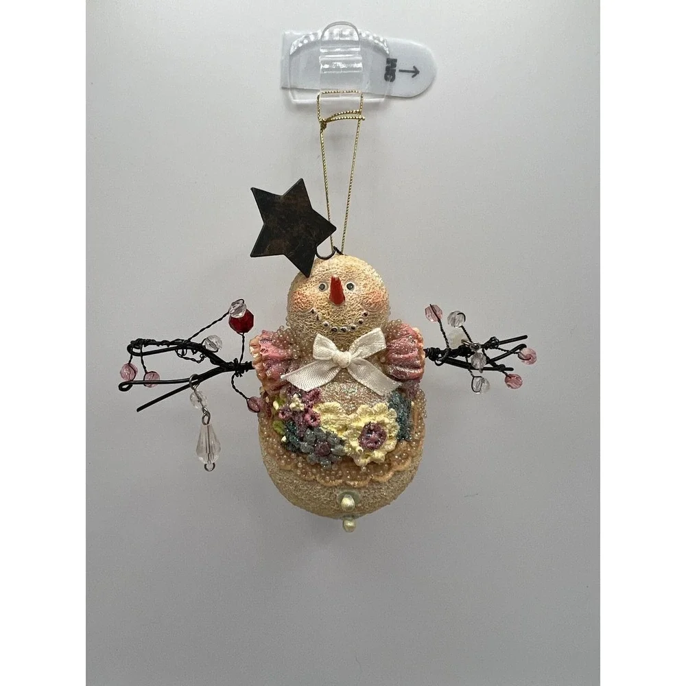 Snowman Ornament Victorian Lace Beaded Cottagecore Shabby Chic Pink Cream Resin